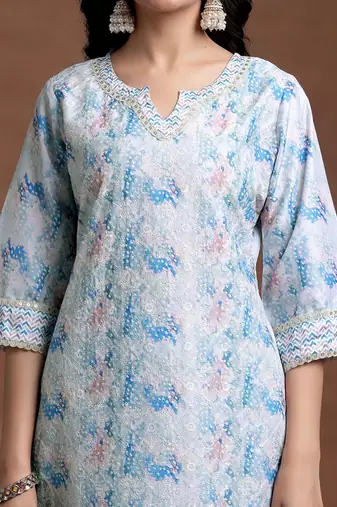 women printed regular thread work kurta with trousers & with dupatta