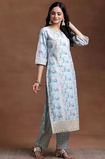 women printed regular thread work kurta with trousers & with dupatta