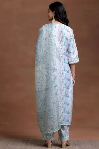 women printed regular thread work kurta with trousers & with dupatta