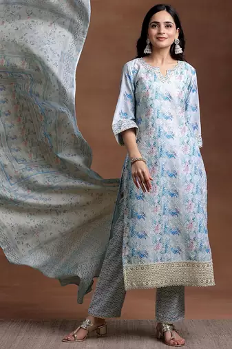 women printed regular thread work kurta with trousers & with dupatta