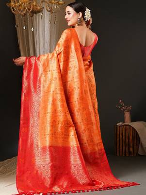 Peach peach-coloured & red ethnic motifs woven design zari kanjeevaram saree 3