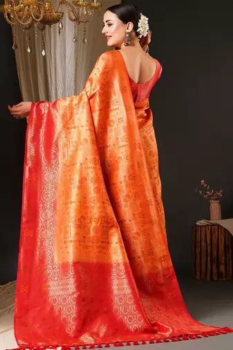 Peach peach-coloured & red ethnic motifs woven design zari kanjeevaram saree