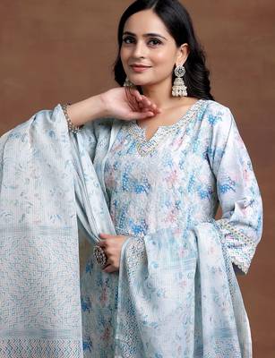 women printed regular thread work kurta with trousers & with dupatta 6