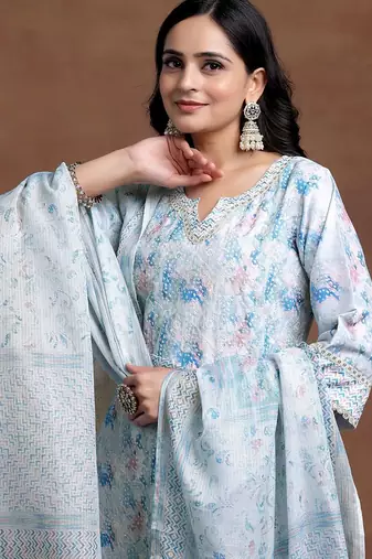 women printed regular thread work kurta with trousers & with dupatta