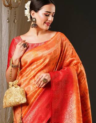Peach peach-coloured & red ethnic motifs woven design zari kanjeevaram saree 4