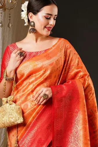 Peach peach-coloured & red ethnic motifs woven design zari kanjeevaram saree