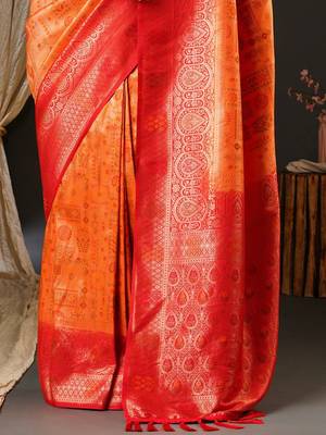 Peach peach-coloured & red ethnic motifs woven design zari kanjeevaram saree 5
