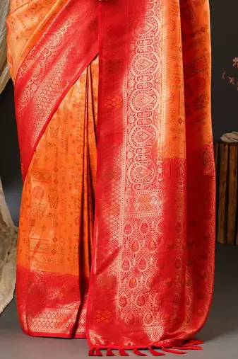 Peach peach-coloured & red ethnic motifs woven design zari kanjeevaram saree