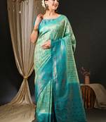 Blue blue & gold-toned ethnic motifs woven design zari kanjeevaram saree