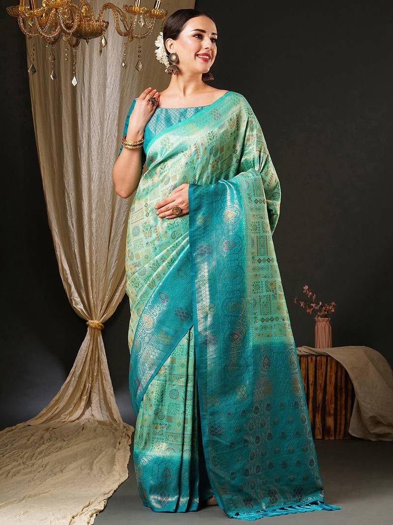 Blue blue & gold-toned ethnic motifs woven design zari kanjeevaram saree