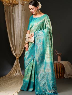 Blue blue & gold-toned ethnic motifs woven design zari kanjeevaram saree 2