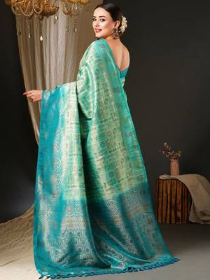 Blue blue & gold-toned ethnic motifs woven design zari kanjeevaram saree 3