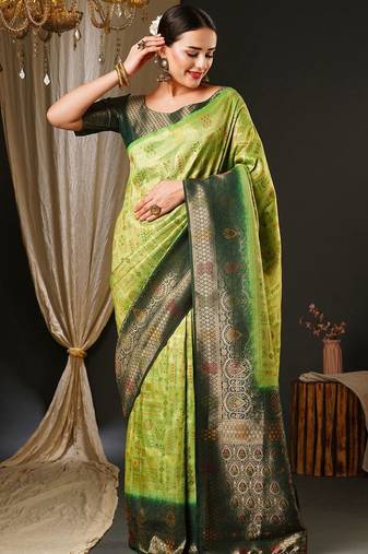 Green green & red ethnic motifs woven design zari kanjeevaram saree