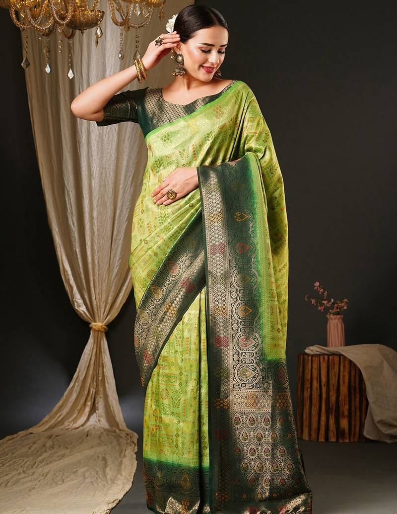 Green green & red ethnic motifs woven design zari kanjeevaram saree