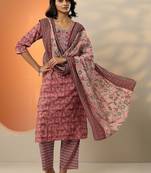 women ethnic motifs printed regular thread work kurta with trousers & with dupatta