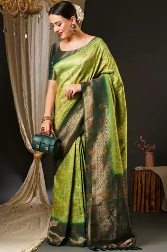 Green green & red ethnic motifs woven design zari kanjeevaram saree