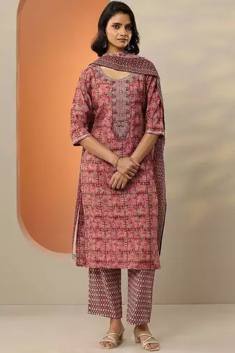 women ethnic motifs printed regular thread work kurta with trousers & with dupatta