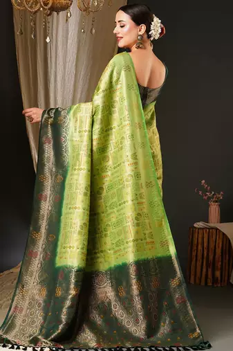 Green green & red ethnic motifs woven design zari kanjeevaram saree
