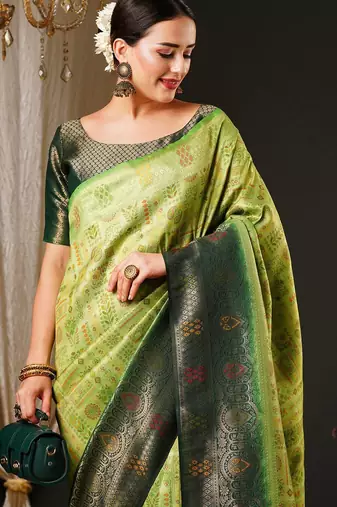 Green green & red ethnic motifs woven design zari kanjeevaram saree