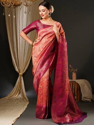 Pink pink & gold-toned ethnic motifs woven design zari kanjeevaram saree 1