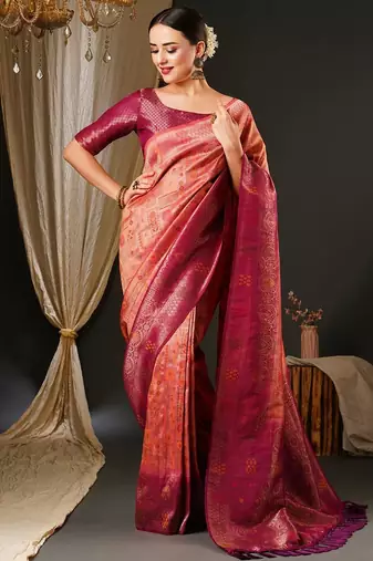Pink pink & gold-toned ethnic motifs woven design zari kanjeevaram saree