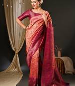 Pink pink & gold-toned ethnic motifs woven design zari kanjeevaram saree