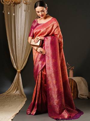 Pink pink & gold-toned ethnic motifs woven design zari kanjeevaram saree 2