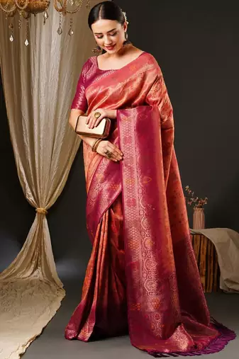 Pink pink & gold-toned ethnic motifs woven design zari kanjeevaram saree