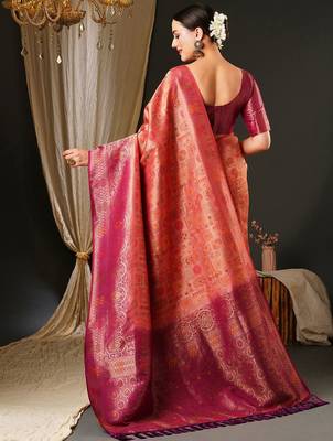 Pink pink & gold-toned ethnic motifs woven design zari kanjeevaram saree 3