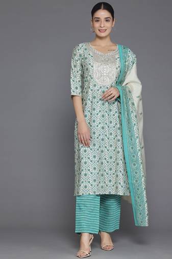 women ethnic motifs printed regular sequinned kurta with trousers & with dupatta