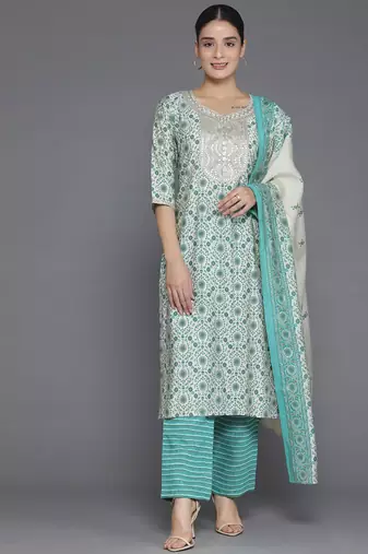 women ethnic motifs printed regular sequinned kurta with trousers & with dupatta