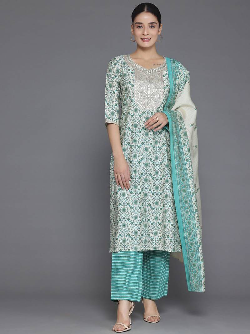 women ethnic motifs printed regular sequinned kurta with trousers & with dupatta