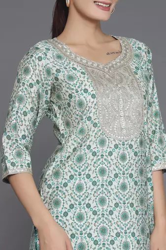 women ethnic motifs printed regular sequinned kurta with trousers & with dupatta