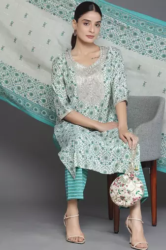 women ethnic motifs printed regular sequinned kurta with trousers & with dupatta