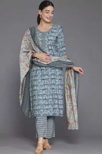 women ethnic motifs printed regular thread work kurta with trousers & with dupatta