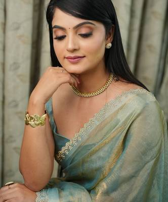 Green  chiffon stone work saree 2