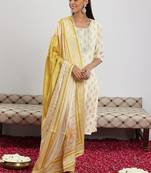 women ethnic motifs printed regular sequinned kurta with trousers & with dupatta