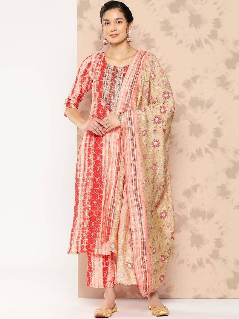 women dyed regular thread work kurta with trousers & with dupatta