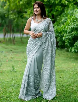 Teal teal embellished sequinned  georgette saree 1
