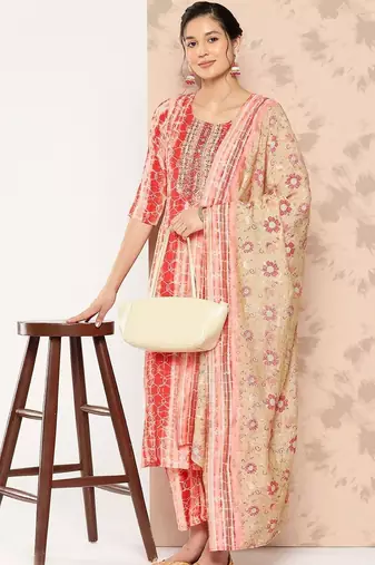 women dyed regular thread work kurta with trousers & with dupatta