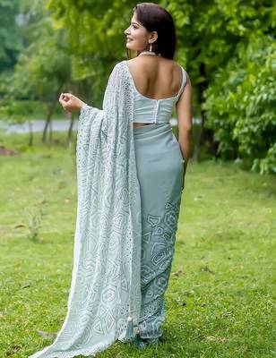 Teal teal embellished sequinned  georgette saree 3