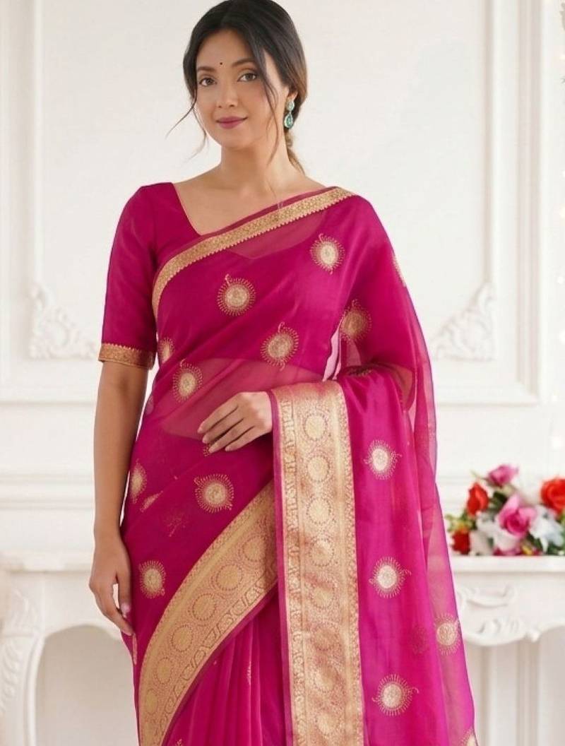 Magenta ethnic motifs zari organza designer kanjeevaram saree