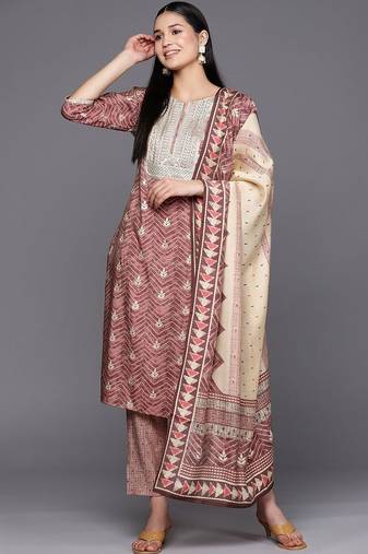 women ethnic motifs printed regular sequinned kurta with trousers & with dupatta