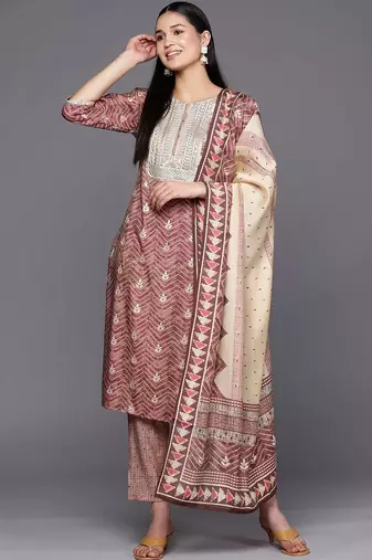 women ethnic motifs printed regular sequinned kurta with trousers & with dupatta