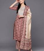 women ethnic motifs printed regular sequinned kurta with trousers & with dupatta