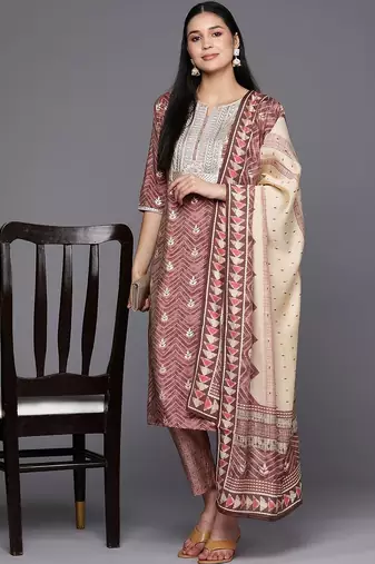 women ethnic motifs printed regular sequinned kurta with trousers & with dupatta