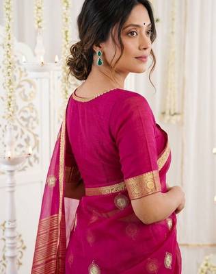 Magenta ethnic motifs zari organza designer kanjeevaram saree 2