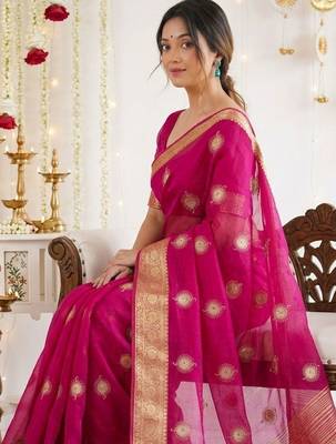 Magenta ethnic motifs zari organza designer kanjeevaram saree 3