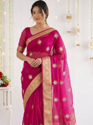 Magenta ethnic motifs zari organza designer kanjeevaram saree 4