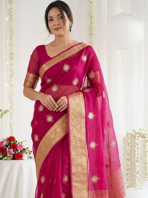 Magenta ethnic motifs zari organza designer kanjeevaram saree 5